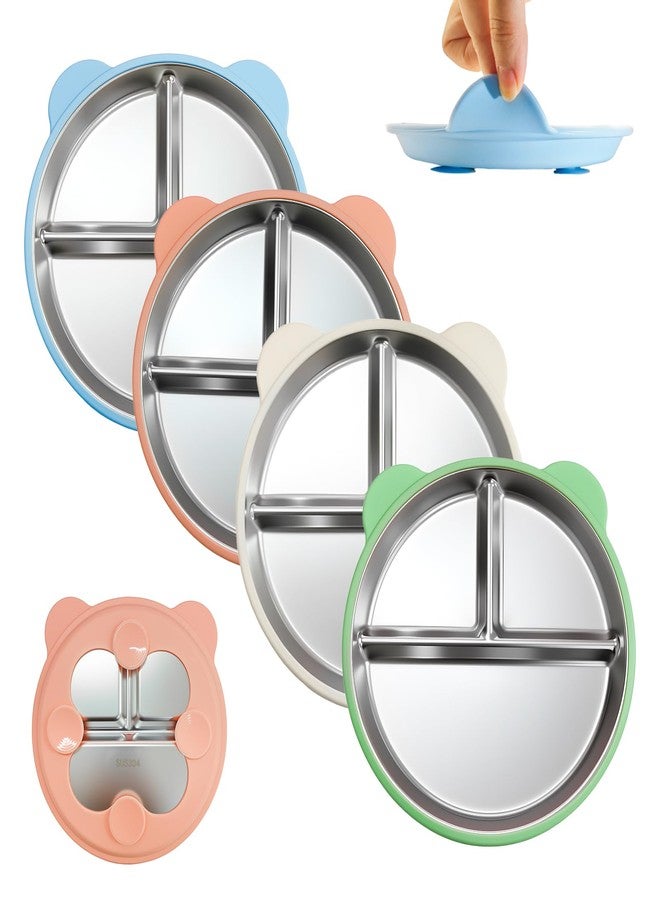 Thrseely 4 Pack Stainless Steel Toddler Plates with Suction - 9" Kids Divided Plates Removable Silicone Sleeves for Baby Led Weaning, Bear Ear Design Non Slip BPA-Free Dishwasher Safe - Image 1